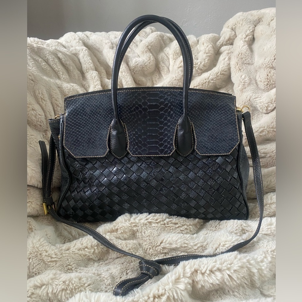 Sherif Genuine Leather Handbag Navy Blue